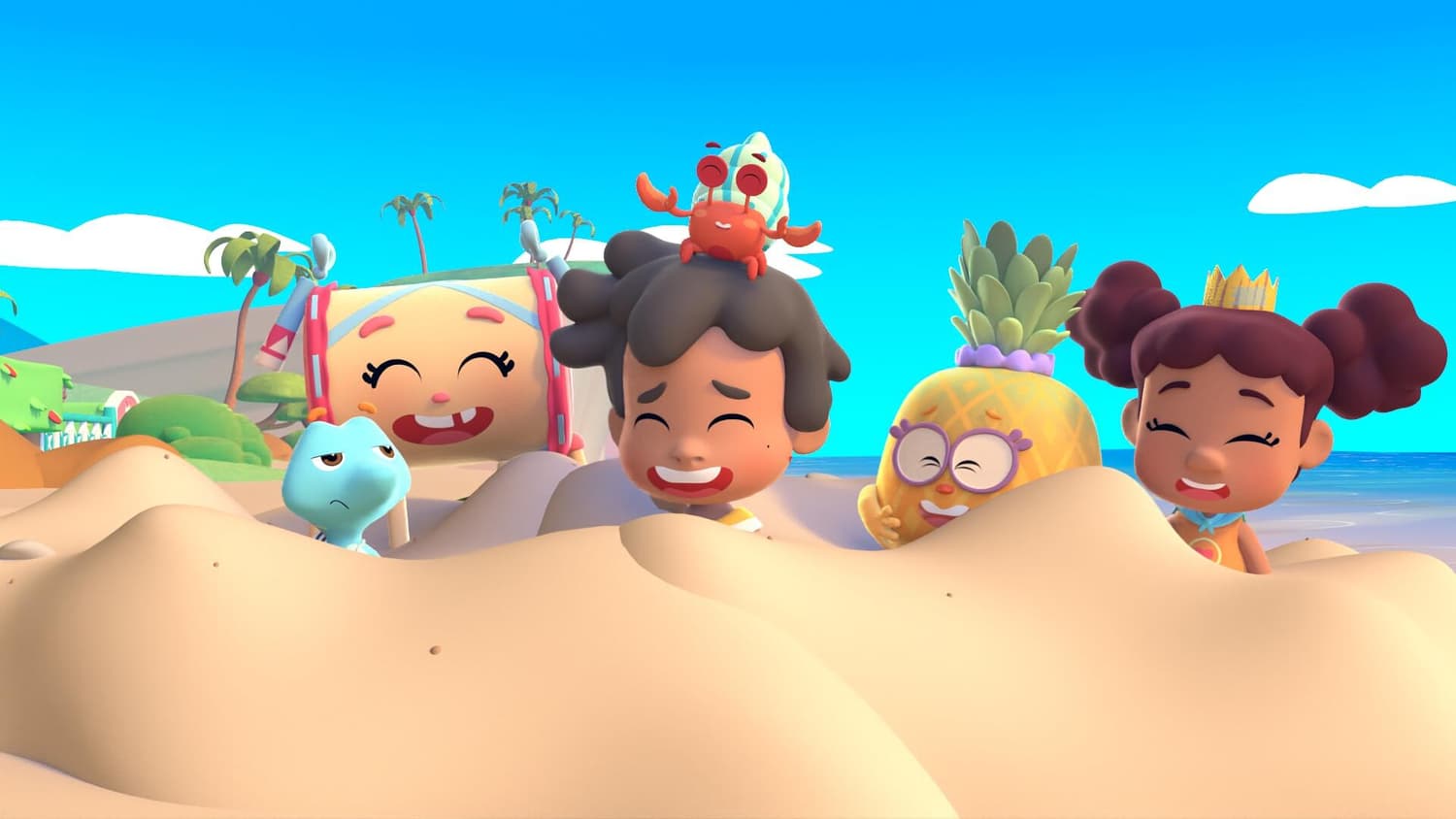 Personajes de Tukutoon jugando en la playa